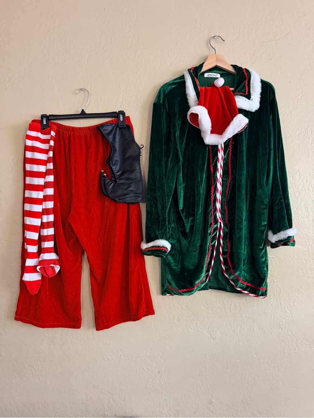 Green Velvet Elf Holiday Coat with Red Velvet Pants